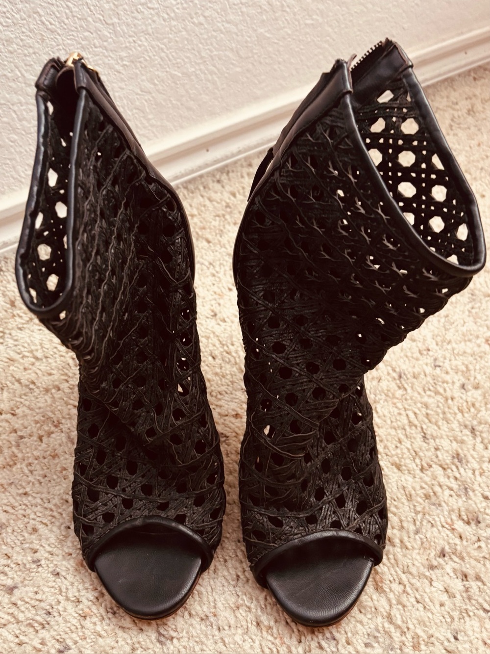 Giuseppe Zanotti Black Woven Leather Peep-Toe Ankle Heels